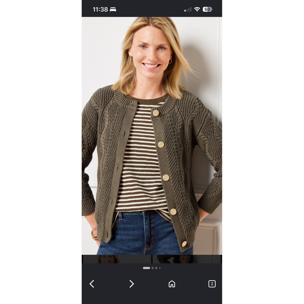 E4 Talbots Petite Olive Green Cable Knit Cardigan Gold Button Sweater SP Small P - Picture 4 of 4